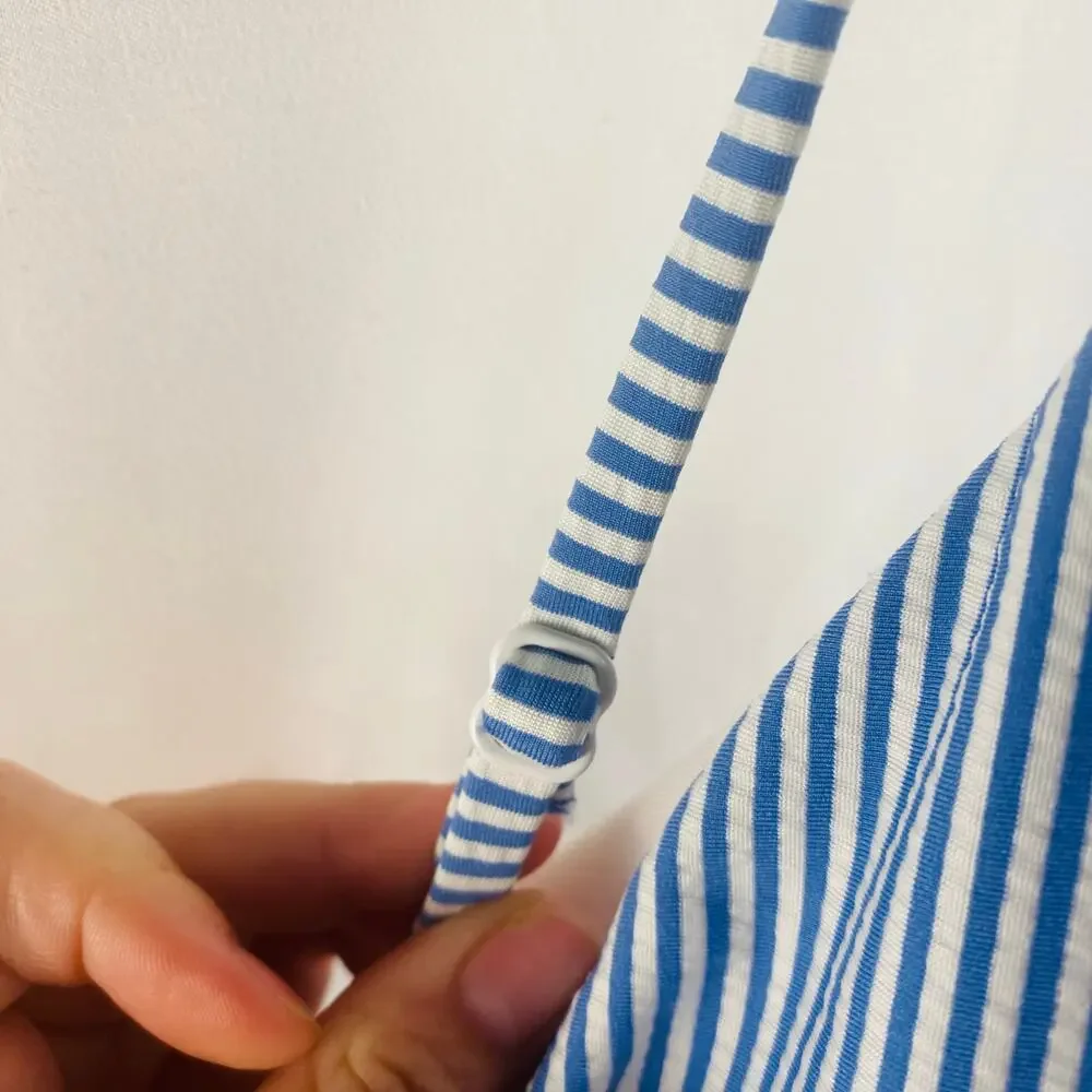 J. Crew Seersucker White Blue Striped Plunge‎ One-Piece Swimsuit Size 24 NWT